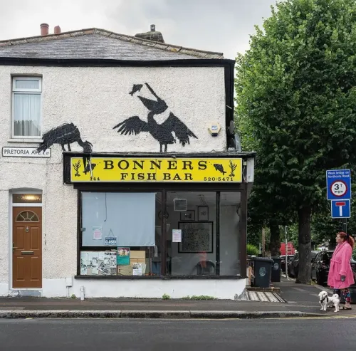 Pelicans feasting at a fish & chips shop in Walthamstow.