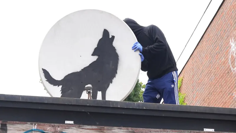 Howling wolf painted onto a satellite dish in Peckham.